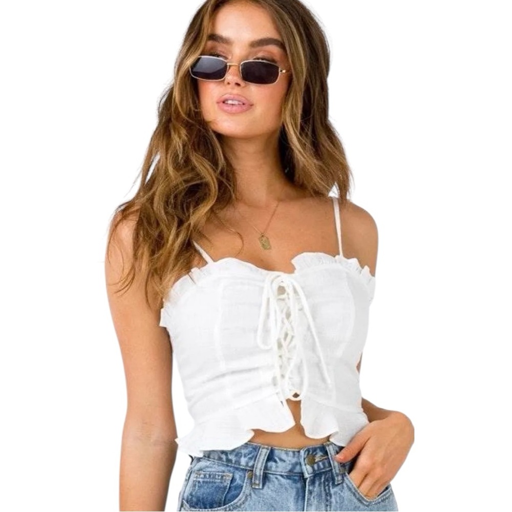 Princess Polly Daphne Linen Spaghetti Strap Ruffle Crop Top in US Size 10